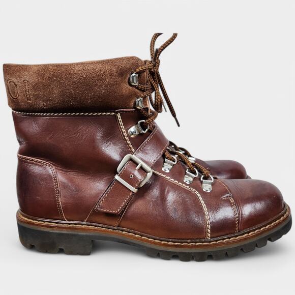 Gucci Leather Lace-Up Mountain Boots Mens 9.5 D Brown Buckle Strap Made in Italy - Picture 1 of 16